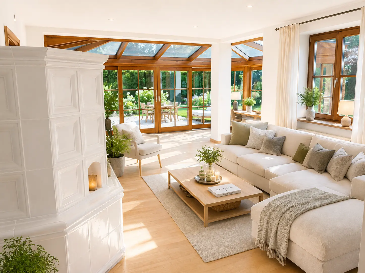 Heller Wohnraum mit Pflanzen und großen Fenstern in einem sanierten Haus