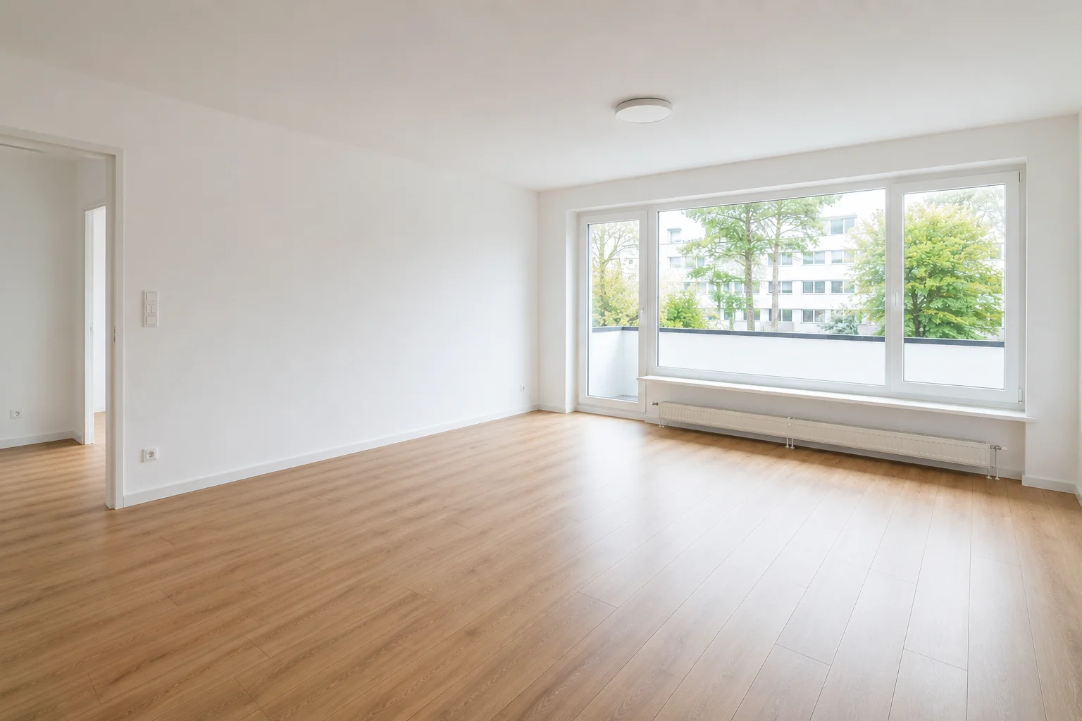 Renoviertes Wohnzimmer mit Balkontür eines Einfamilienhauses in Gremsdorf